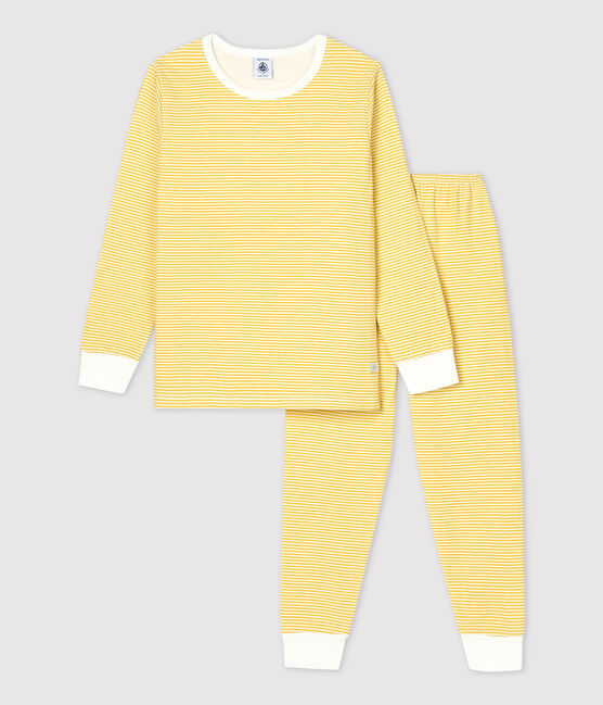 Kinderpyjama aus Bio-Baumwolle mit gelben Ringelstreifen gelb OCRE/weiss MARSHMALLOW